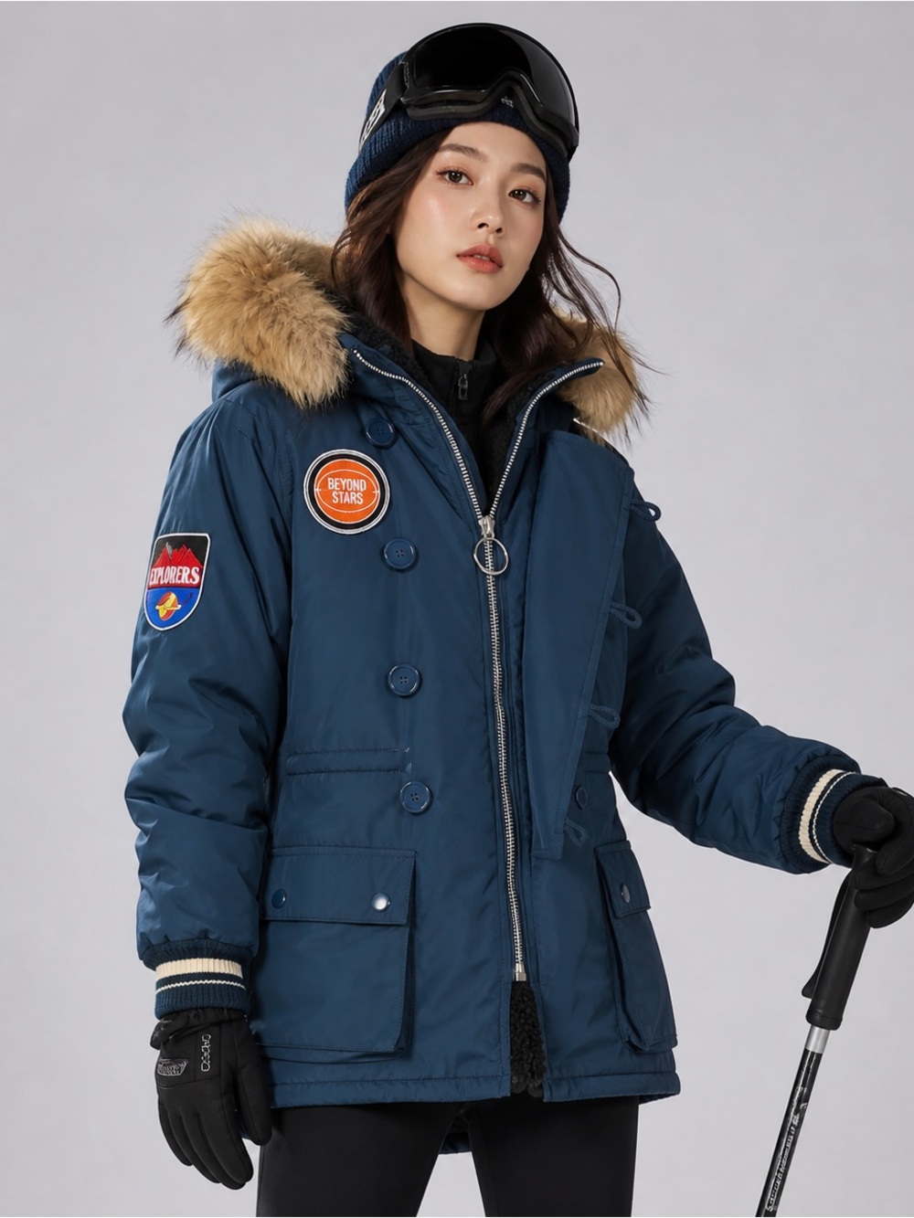 MOUSSY Thermolite Parka Snow Jacket Space Patch Blue Fur Hood Size 1‎ S/M
